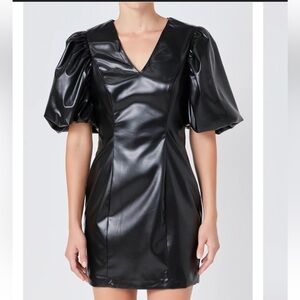 Endless Rose Black Faux Leather Puff Sleeve Mini Dress